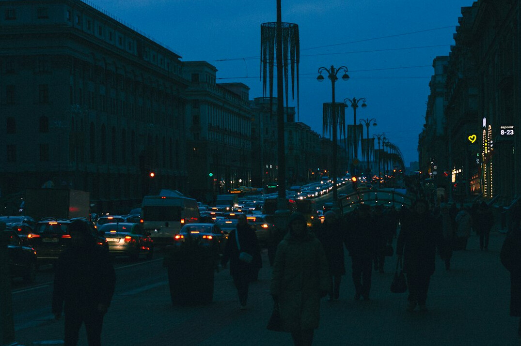 City street at dusk with buildings
